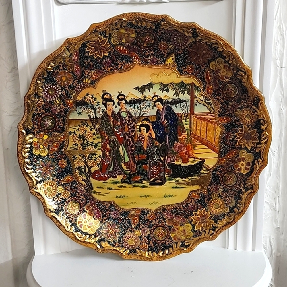 Satsuma Geisha Geishas Garden Floral Large Plate Charger Platter 14 in rare